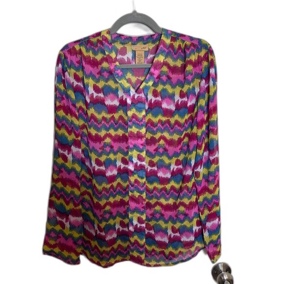Wrangler Ikat Blouse Sheer Long Sleeve Multicolor V-Neck Western Style Medium - Picture 2 of 5